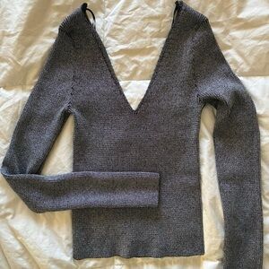 silver sparkly deep V neck long sleeve fitted top